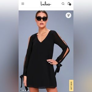 Lulu’s Black long sleeve shift dress with cut out sleeves and bow tie